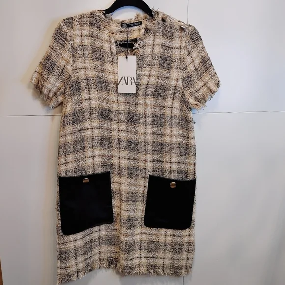 ZARA Tweed Plaid Mini Dress with Faux Leather Pockets | NWT XS - Picture 4 of 13
